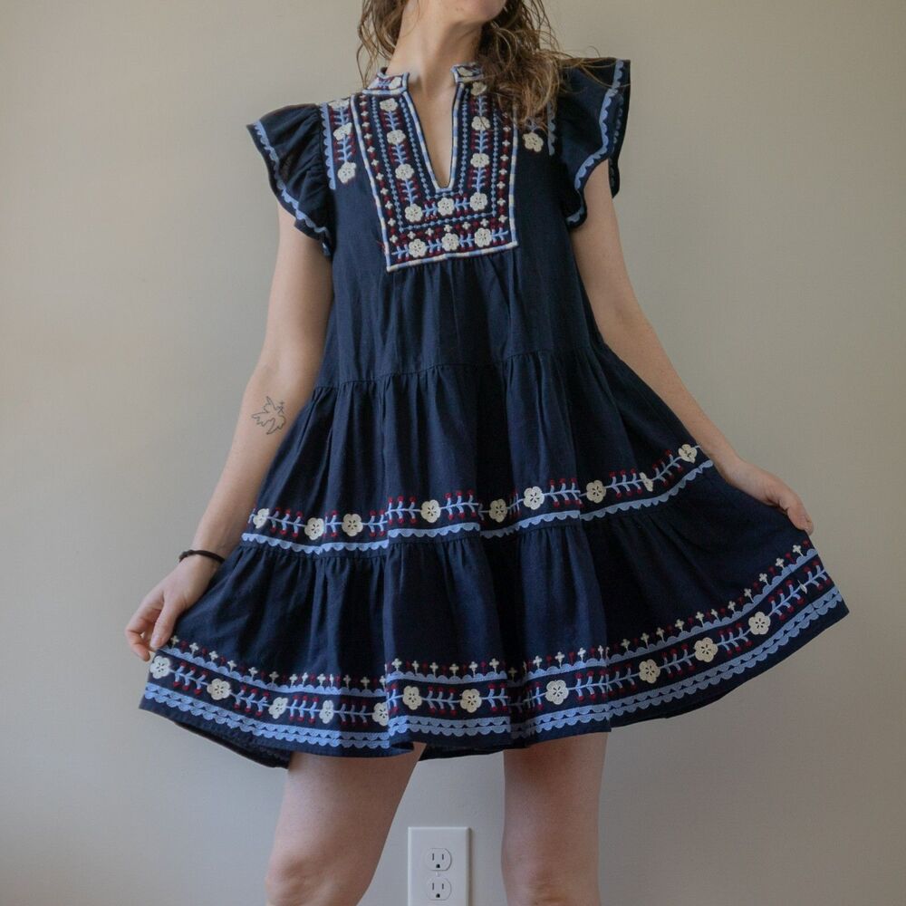 Navy Blue SEA Embroidered Ruffle Summer Shaina Flutter Fourth of July Mini Dress - Picture 4 of 10